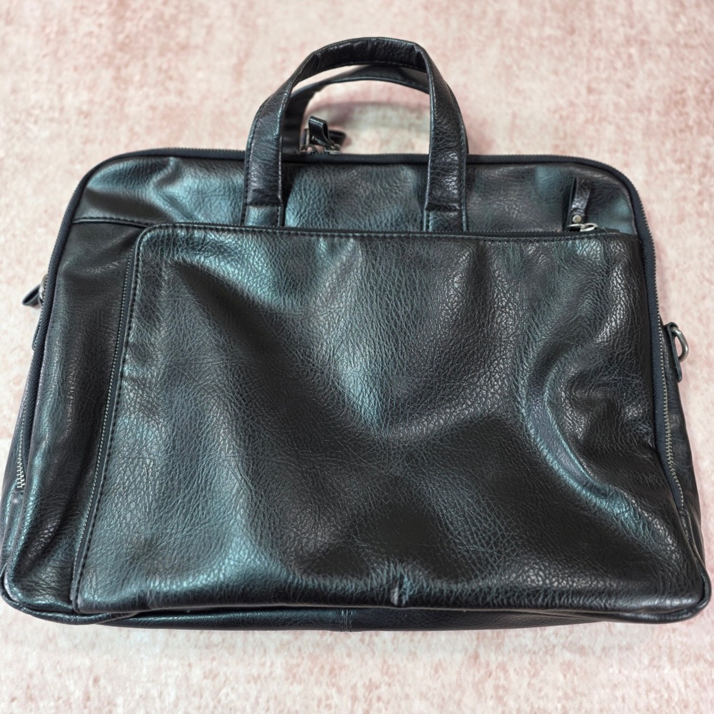 Aldo Mens Black Leather Slim Bag Briefcase Stylish Business Casual